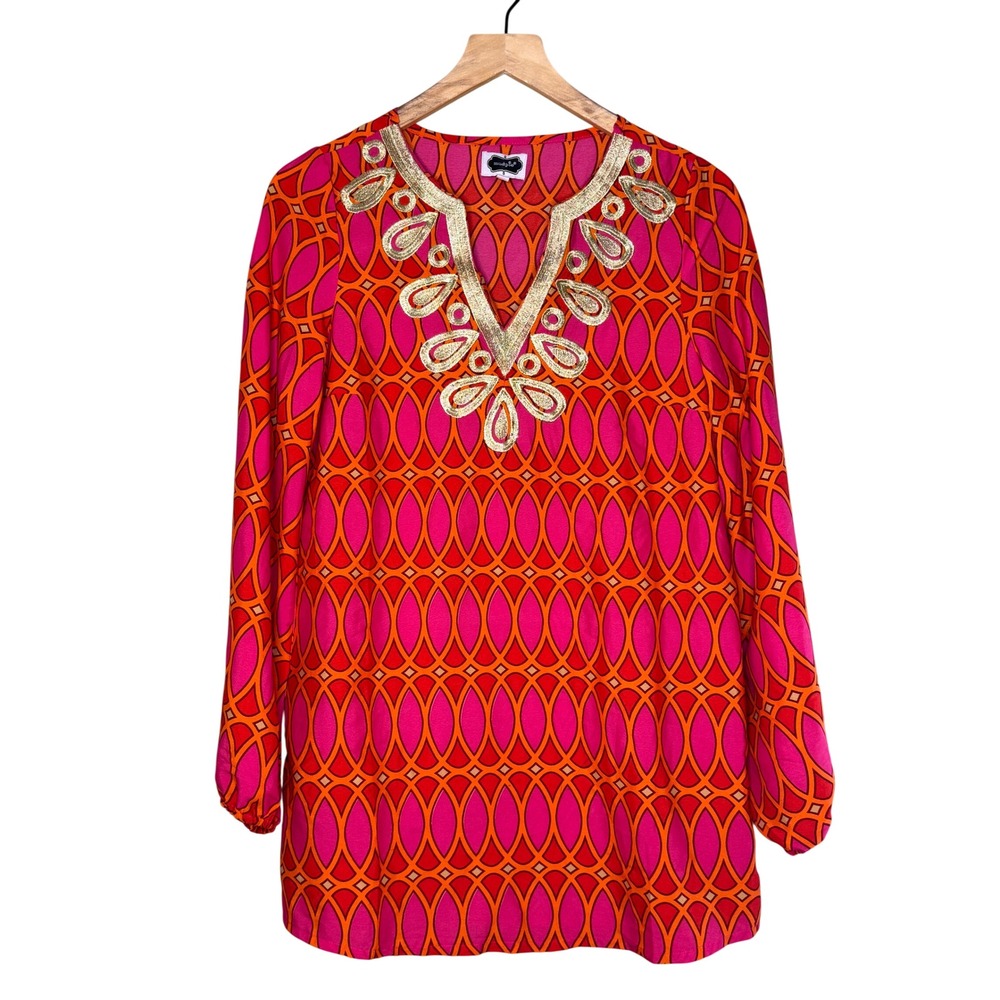 Mud Pie Womens Pink Orange Geometric Gold Embroidered Tunic Top Small RN131993